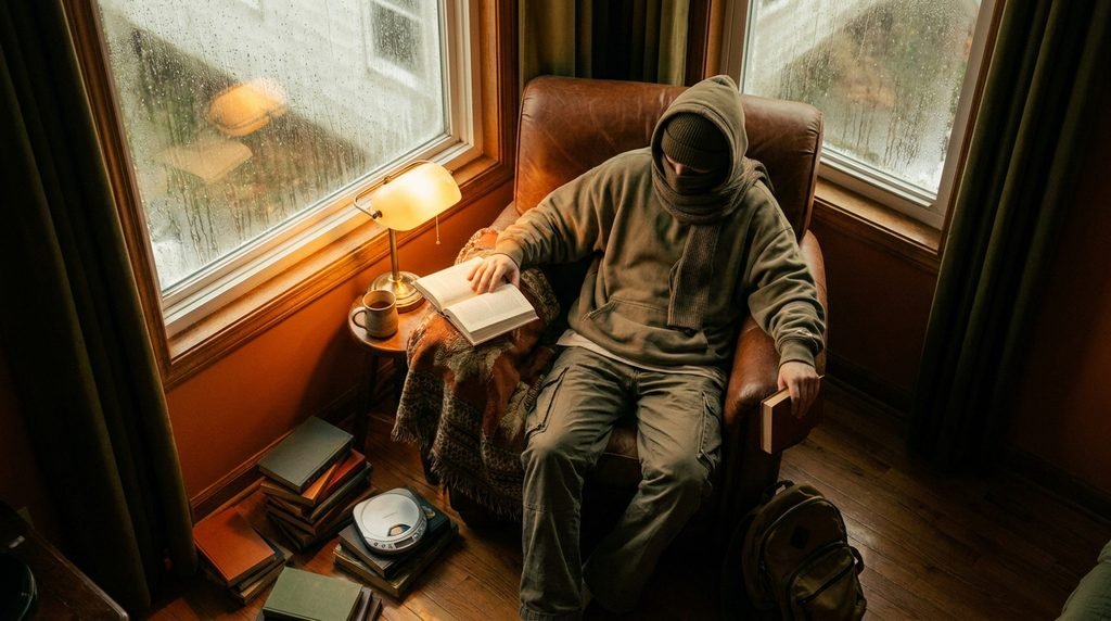 A cozy reading corner with a leather chair