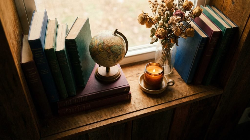 A shelf styled with books, a small globe, a candle and dried flowers